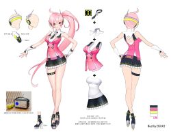 Rule 34 | 1girl, antennae, artist name, ass, bare shoulders, black skirt, blue eyes, breasts, character sheet, concept art, from behind, headgear, headphones, headset, high heels, highres, korean text, long hair, looking at viewer, nail polish, necktie, osuk2, osuk2 (osugi), outstretched arm, pink hair, pink nails, ponytail, radio, see-through, side ponytail, simple background, skirt, smile, solo, star (symbol), tattoo, thigh strap, uni (vocaloid), very long hair, vocaloid, white background, wrist cuffs