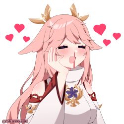 Rule 34 | 1girl, blood, closed eyes, genshin impact, hand on own face, happy, heart, highres, japanese clothes, long sleeves, miko, mikumoreau, nosebleed, open mouth, pink hair, simple background, smile, white background, yae miko