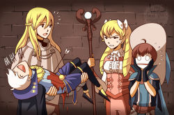 Rule 34 | 1girl, 3boys, ^ ^, aquanut, arrow (projectile), blonde hair, blood, boots, bow, braid, breasts, brown hair, cape, closed eyes, drill hair, earrings, fangs, fire emblem, fire emblem awakening, gloves, hair bow, hat, henry (fire emblem), jewelry, laughing, libra (fire emblem), long hair, maribelle (fire emblem), medium breasts, multiple boys, nintendo, open mouth, ricken (fire emblem), robe, short hair, smile, tunic, twin braids, twintails, watermark, white hair