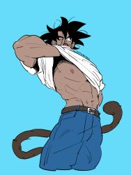 Rule 34 | 1boy, abs, absurdres, aco (aco rz), bara, bare pectorals, black hair, clothes lift, covering own mouth, cropped legs, dragon ball, dragonball z, from below, guilty challenge (meme), hand in clothes, hand over own mouth, hand under clothes, hand under shirt, highres, large pectorals, looking at viewer, male focus, mature male, meme, monkey tail, muscular, muscular male, navel, nipples, pants, pectorals, sanpaku, shirt, shirt lift, short hair, simple background, solo, spiked hair, stomach, tail, thick eyebrows, tullece, v-taper