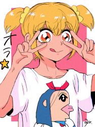 Rule 34 | 10s, 1girl, :d, bad id, bad pixiv id, blonde hair, blue hair, bobunemimimmi, bow, character print, chromatic aberration, collarbone, commentary request, double v, hair bow, open mouth, orange eyes, pink background, pipimi, poptepipic, popuko, profile, school uniform, scrunchie, serafuku, shirt, short twintails, signature, smile, snc apo, star (symbol), tongue, tongue out, twintails, v, v over eye, white shirt