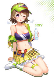 Rule 34 | 1girl, arm support, bare shoulders, blush, boots, bottle, breasts, brown hair, cleavage, colored shadow, cross-laced footwear, deadnooodles, drawstring, frilled skirt, frills, green hat, green jacket, hair between eyes, hat, headset, highres, holding, holding bottle, jacket, koizumi hanayo, lace-up boots, looking at viewer, love live!, love live! school idol project, medium breasts, navel, off shoulder, one eye closed, open clothes, open jacket, open mouth, pleated skirt, puffy short sleeves, puffy sleeves, purple eyes, shadow, short sleeves, sitting, skirt, solo, sports bra, visor cap, wariza, water bottle, white background, white footwear, yellow skirt