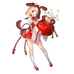 Rule 34 | 1girl, animal ears, blonde hair, blush, breasts, brown hair, coin, detached sleeves, dog ears, dog girl, dog tail, fang, full body, gold, hachiko of castling, hair tubes, highres, japanese clothes, kneehighs, koban (gold), large breasts, last origin, looking at viewer, maneki-neko, mary janes, multicolored hair, new year, official art, one eye closed, open mouth, paintale, red eyes, shoes, smile, socks, solo, tachi-e, tail, transparent background, two-tone hair, white socks