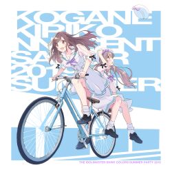 Rule 34 | 2girls, absurdres, bicycle, black ribbon, blue background, blush, breasts, brown eyes, brown hair, clothing cutout, collarbone, dress, flying, grey hair, grid background, guard rail, hand on headwear, hat, hat ribbon, highres, idolmaster, idolmaster shiny colors, large breasts, loafers, long hair, looking at another, looking up, medium breasts, multiple girls, multiple riders, neck ribbon, open mouth, outside border, purple eyes, purple ribbon, ribbon, ribbon-trimmed sleeves, ribbon trim, riyo (riyontoko), see-through, see-through sleeves, shoes, short sleeves, shoulder cutout, sidelocks, smile, socks, swept bangs, text background, tsukioka kogane, twintails, white dress, white headwear, white socks, yukoku kiriko