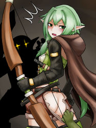 Rule 34 | 10s, 1girl, 2boys, ass, blush, bow (weapon), butt crack, clothes pull, colored skin, crossbow, elf, goblin, goblin male, goblin slayer!, green eyes, green hair, green skin, high elf archer (goblin slayer!), highres, looking back, multiple boys, no panties, pointy ears, robe, short shorts, shorts, shorts pull, torn clothes, torn shorts, weapon