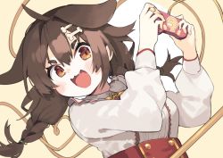Rule 34 | 1girl, :3, ahoge, akimaki yuu, animal ears, blush, bone hair ornament, braid, brown hair, commentary request, controller, dog ears, dog girl, fang, hair ornament, heart, heart of string, highres, holding, holding controller, hololive, inugami korone, inugami korone (street), long sleeves, looking at viewer, medium hair, open mouth, paw print, shirt, simple background, smile, solo, thick eyebrows, twin braids, upper body, virtual youtuber, white shirt, yellow background, yellow eyes