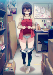 Rule 34 | 1girl, 40hara, apron, apron lift, beige sweater, blue panties, bow, bow panties, breasts, clothes lift, clothes pull, denim, glaring, glasses, indoors, iya na kao sare nagara opantsu misete moraitai, jeans, large breasts, lifting own clothes, long hair, long sleeves, looking at viewer, matsuura shiori, panties, pants, pants pull, poster (object), purple eyes, purple hair, red-framed eyewear, ribbed sweater, shaded face, shoes, sidelocks, sneakers, solo, sweater, thighs, underwear, v-shaped eyebrows, white footwear