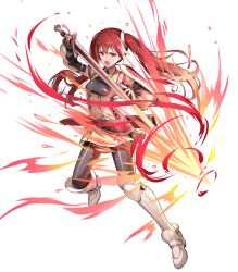 Rule 34 | 1girl, arm shield, attack, black leggings, breasts, energy, female focus, fire emblem, fire emblem awakening, fire emblem heroes, full body, highres, holding, holding sword, holding weapon, leggings, long hair, matching hair/eyes, medium breasts, nintendo, non-web source, official art, open mouth, red eyes, red hair, severa (fire emblem), sheath, solo, sword, teeth, twintails, upper teeth only, weapon