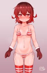 Rule 34 | 1girl, alternate costume, bikini, blush, breasts, brown gloves, brown hair, cowboy shot, fur-trimmed gloves, fur trim, gloves, gradient hair, heart, heart-shaped pupils, highres, kantai collection, looking at viewer, micro bikini, multicolored hair, mutsuki (kancolle), navel, red eyes, red hair, short hair, side-tie bikini bottom, small breasts, solo, standing, striped bikini, striped clothes, striped thighhighs, swimsuit, symbol-shaped pupils, thighhighs, zanne