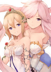 Rule 34 | 2girls, ;), absurdres, bad id, bad pixiv id, bare shoulders, blonde hair, blue eyes, breasts, cleavage, collarbone, commentary request, europa (granblue fantasy), flower, gabriel (granblue fantasy), granblue fantasy, hair flower, hair ornament, highres, koretsuki azuma, looking at viewer, medium breasts, multiple girls, one eye closed, pink hair, purple eyes, rose, short hair, simple background, smile, tiara, upper body, white background