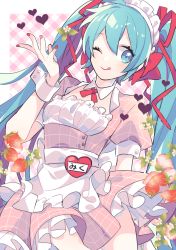 Rule 34 | 1girl, aqua eyes, aqua hair, badge, character name, commentary, cowboy shot, dress, flower, food, framed breasts, frilled dress, frills, fruit, hair ribbon, hand up, hatsune miku, heart, leaf, long hair, maid, maid headdress, nail polish, one eye closed, pink dress, plaid, plaid background, red nails, red ribbon, ribbon, short sleeves, sideways glance, smile, solo, strawberry, symbol-only commentary, tongue, tongue out, twintails, very long hair, vocaloid, wrist cuffs, yoshiki