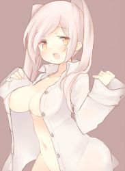 Rule 34 | 1girl, bad id, bad pixiv id, breasts, brown eyes, cleavage, coat, female focus, fire emblem, fire emblem awakening, large breasts, long hair, long sleeves, naked coat, nintendo, open mouth, pale color, purple background, robin (female) (fire emblem), robin (fire emblem), simple background, solo, teu (navy), twintails, white hair