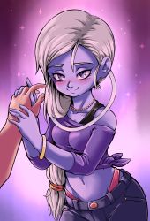 Rule 34 | 10s, 1girl, absurdres, bangle, bare shoulders, blouse, blush, bracelet, breasts, collarbone, colored skin, commentary, cus, dragon ball, dragon ball super, hair over shoulder, highres, holding hands, interlocked fingers, jewelry, long hair, low-tied long hair, lowleg, lowleg pants, naughty face, navel, neck ring, necklace, off-shoulder blouse, panties, pants, pearl necklace, pink panties, plague of gripes, pov, purple eyes, purple shirt, purple skin, ring, shirt, silver hair, small breasts, smile, sparkle, stomach, tied shirt, underwear, wedding band, wide hips