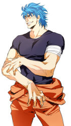 Rule 34 | 10s, 1boy, abs, bandages, blue hair, fangs, grin, male focus, muscular, scar, scar on ear, shirt, simple background, smile, solo, t-shirt, toriko, toriko (series), white background
