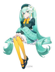 Rule 34 | 1girl, aqua scarf, asahikawa hiyori, beret, black footwear, buttons, cable knit, closed mouth, collared dress, commentary, cropped jacket, crypton future media, dot nose, dress, flower, frilled dress, frills, fringe trim, full body, green eyes, green hat, green jacket, hair between eyes, hair flower, hair ornament, hairclip, hat, hatsune miku, hatsune miku (noodle stopper), head tilt, jacket, juliet sleeves, legs together, light green hair, lily (flower), long hair, long sleeves, looking at viewer, mary janes, neck ribbon, noodle stopper, official alternate costume, official art, own hands together, pantyhose, puffy sleeves, ribbon, scarf, shoes, sidelocks, simple background, single horizontal stripe, single vertical stripe, smile, solo, twintails, v arms, very long hair, vocaloid, wavy hair, white background, white dress, white flower, yellow pantyhose, yellow ribbon