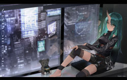 Rule 34 | 1girl, arknights, barefoot, black shirt, black shorts, breasts, chinese commentary, cigarette, city, commentary request, green hair, holding, holding cigarette, horns, hoshiguma (arknights), hoshiguma (ronin huntress) (arknights), indoors, kuhnowushi, long hair, long sleeves, medium breasts, official alternate costume, parted lips, shirt, short shorts, shorts, single horn, smile, smoking, solo, stuffed animal, stuffed toy, teddy bear, window