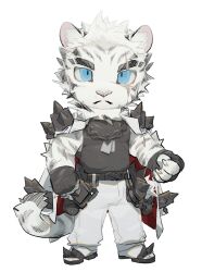 Rule 34 | arknights, black shirt, blue eyes, chibi, claws, fingerless gloves, furry, furry male, gloves, highres, looking at viewer, loss kim, male focus, mountain (arknights), multiple scars, pants, scar, scar across eye, scar on arm, shirt, sleeveless, sleeveless shirt, solo, striped, tail, tiger boy, tiger tail, white background, white fur, white pants