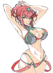 Rule 34 | 1girl, alternate costume, alternate hairstyle, bikini, black bikini, breasts, chest jewel, highres, large breasts, ponytail, pyra (xenoblade), red eyes, red hair, short hair, simple background, sketch, solo, swept bangs, swimsuit, ug333333, unfinished, white background, xenoblade chronicles (series), xenoblade chronicles 2