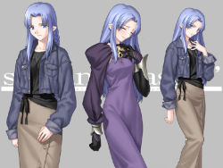 Rule 34 | 00s, 1girl, blush, casual, dress, fate/hollow ataraxia, fate/stay night, fate (series), gloves, jacket, long dress, long skirt, medea (fate), multiple views, official alternate costume, purple dress, resized, skirt, smile, takeuchi takashi