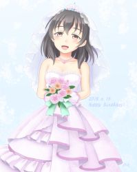 Rule 34 | 1girl, :d, bare shoulders, black hair, bouquet, bridal veil, brown eyes, collarbone, commentary request, dated, dress, earrings, flower, fujiwara hajime, gloves, happy birthday, holding, holding bouquet, idolmaster, idolmaster cinderella girls, isaki (gomi), jewelry, looking at viewer, medium hair, necklace, open mouth, pearl necklace, smile, solo, strapless, strapless dress, veil, wedding dress, white dress, white gloves
