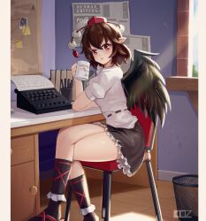 Rule 34 | 1girl, absurdres, black skirt, black wings, blush, brown hair, commentary, crossed legs, cup, edz drawz, english commentary, feathered wings, hat, highres, holding, holding cup, indoors, looking at viewer, looking to the side, petticoat, pointy ears, pom pom (clothes), red eyes, shameimaru aya, shirt, short sleeves, sitting, skirt, solo, tokin hat, touhou, typewriter, white shirt, wings
