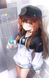 Rule 34 | 1girl, baseball cap, black hat, black hoodie, blush, bu leike, choker, closed mouth, elevator, elevator operator, fang, fang out, female focus, fingernails, hat, highres, holding, holding phone, hololive, hood, hoodie, jewelry, long hair, looking at viewer, nail polish, necklace, o-ring, o-ring choker, phone, red nails, smile, solo, standing, thighs, tokino sora, tokino sora (streetwear), two-tone hoodie, virtual youtuber