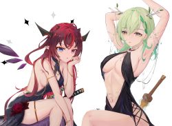 Rule 34 | 2girls, absurdres, antlers, armband, armpits, arms up, asymmetrical bangs, bare shoulders, black dress, blonde hair, blue eyes, branch, breasts, ceres fauna, chyraliss, cleavage, crystal, detached wings, dress, flower, highres, hololive, hololive english, horns, irys (hololive), large breasts, leaf, long hair, looking at viewer, mini wings, multicolored hair, multiple girls, multiple horns, navel, red hair, sideboob, simple background, sitting, sword, very long hair, virtual youtuber, weapon, white background, wings, yellow eyes