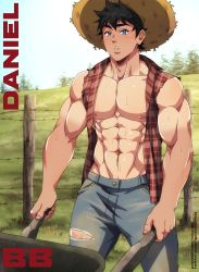 Rule 34 | 1boy, :o, abs, absurdres, bara, black hair, blue eyes, day, denim, hat, highres, holding, jeans, large pectorals, looking at viewer, male focus, muscular, muscular male, navel hair, nipples, original, outdoors, paid reward available, pants, parted lips, patreon username, pectorals, red shirt, sgt crisis, shirt, short hair, solo, straw hat, sweat, torn clothes, torn jeans, torn pants, torn shirt, twitter username, wheelbarrow