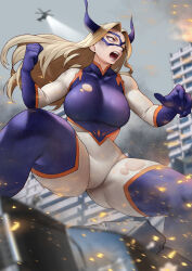 Rule 34 | 1girl, aircraft, blonde hair, blurry, blurry background, bodysuit, boku no hero academia, breasts, brown eyes, building, cameltoe, clenched hand, dirty, dirty clothes, dirty face, eye mask, fake horns, giant, giantess, helicopter, highres, horns, large breasts, long hair, mount lady, skin tight, solo, teeth, thick thighs, thighs, torn clothes, yoshio (55level)