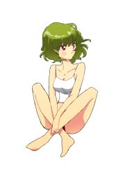 Rule 34 | 1girl, bad id, bad pixiv id, bare shoulders, blush, camisole, collarbone, crossed legs, female focus, green hair, kazami yuuka, non (z-art), panties, red eyes, red panties, short hair, simple background, sitting, solo, touhou, underwear, underwear only, white background