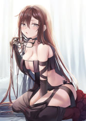 Rule 34 | 1girl, absurdres, arm strap, bare shoulders, black dress, black gloves, blush, breasts, brown eyes, brown hair, center opening, choker, cleavage, collarbone, dress, earrings, elbow gloves, unworn eyewear, fate/grand order, fate (series), glasses, gloves, highres, holding, holding removed eyewear, jewelry, large breasts, long hair, looking at viewer, multiple earrings, navel, open mouth, red eyes, ribbon-trimmed dress, sitting, solo, very long hair, wariza, yu mei-ren (fate), yufou