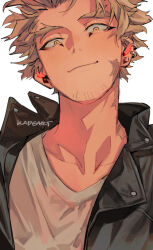Rule 34 | 1boy, artist name, black jacket, blonde hair, blush, boku no hero academia, closed mouth, collarbone, collared jacket, collared shirt, commentary, ear piercing, earrings, facial hair, hawks (boku no hero academia), jacket, jewelry, kadeart, looking at viewer, male focus, open clothes, open jacket, piercing, scar, scar on face, scar on neck, shirt, short hair, signature, simple background, smile, solo, stubble, symbol-only commentary, thick eyebrows, upper body, white background, yellow eyes