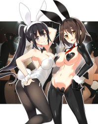 2girls animal_ears black_bow black_bowtie black_gloves black_hair bow bowtie breasts brown_hair brown_pantyhose closed_mouth detached_collar fake_animal_ears gloves grey_eyes hair_between_eyes heart_pasties highres large_breasts leotard long_hair looking_at_viewer meme_attire multiple_girls navel necktie nyoro_(nyoronyoro000) original pantyhose pasties playboy_bunny ponytail rabbit_ears red_necktie reverse_bunnysuit reverse_outfit short_hair smile standing stomach white_leotard yellow_eyes