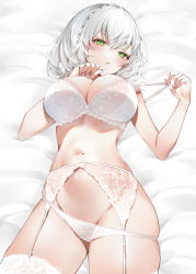 Rule 34 | 1girl, :o, absurdres, bed sheet, blush, bra, bra pull, braid, breasts, clothes pull, crown braid, garter belt, green eyes, groin, hands up, highres, hololive, lace, lace-trimmed bra, lace trim, large breasts, looking at viewer, lying, mole, mole on breast, navel, on back, panties, parted lips, pulled by self, shirogane noel, short hair, solo, stomach, thighhighs, underwear, underwear only, virtual youtuber, white bra, white garter belt, white hair, white panties, white thighhighs, yukineko1018