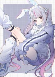 Rule 34 | 1girl, animal ears, apron, blush, cattleya regina games, closed mouth, earrings, extra ears, gradient hair, grey hair, grid background, hair ornament, hairclip, highres, jacket, jersey maid, jewelry, leg up, legwear garter, long hair, long sleeves, looking at viewer, loose socks, maid, maid headdress, multicolored hair, rabbit ears, rabbit girl, rabbit tail, red eyes, shoes, sidelocks, sleeves past fingers, sleeves past wrists, sneakers, socks, solo, streaked hair, tail, tosaki mimi, twintails, unconventional maid, very long hair, virtual youtuber, vspo!, waist apron, white socks, zakki3939