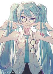 2021 artist_name black-framed_eyewear black_skirt blue_eyes blue_hair blue_nails blue_neckwear closed_mouth collarbone dated dress_shirt glasses hatsune_miku index_finger_raised long_hair nail_polish necktie pink_shirt pleated_skirt shirt skirt sleeveless sleeveless_shirt smile twintails very_long_hair vocaloid w.r.b white_shirt