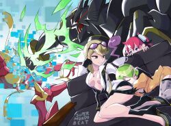 Rule 34 | aiba ami, alphamon, blonde hair, blue eyes, breasts, closed eyes, collar, digimon, digimon story: cyber sleuth, glasses on head, goggles, goggles on head, kishibe rie, kuremi kyouko, long hair, looking at another, lordknightmon, medium breasts, red hair, sidetail, supermondobeat, yellow eyes