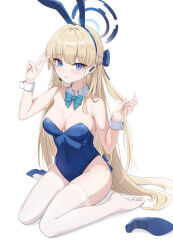 Rule 34 | 1girl, ;q, absurdres, animal ears, blonde hair, blue archive, blue eyes, blue leotard, bow, bowtie, breasts, detached collar, fake animal ears, halo, highleg, highleg leotard, highres, karsa, leotard, long hair, looking at viewer, medium breasts, official alternate costume, one eye closed, playboy bunny, rabbit ears, sitting, solo, strapless, thighhighs, thighs, toki (blue archive), toki (bunny) (blue archive), tongue, tongue out, v, wariza, white background, white thighhighs, wrist cuffs