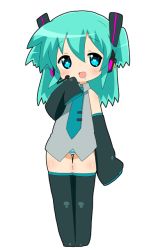 Rule 34 | 1girl, alternate hair length, alternate hairstyle, aqua eyes, aqua hair, bad id, bad pixiv id, blush, chibi, child, detached sleeves, hatsune miku, headphones, headset, heart, meiro (yuu), necktie, no pants, panties, saliva, short hair, simple background, smile, solo, striped clothes, striped panties, symbol-shaped pupils, thighhighs, twintails, underwear, vocaloid