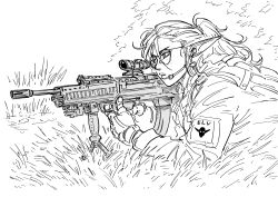 Rule 34 | 1girl, assault rifle, bb (baalbuddy), bullpup, closed mouth, earphones, earrings, fingerless gloves, freckles, from side, glasses, gloves, greyscale, gun, highres, holding, holding gun, holding weapon, jacket, jewelry, l85, long sleeves, lying, microphone, monochrome, on stomach, original, parted lips, pointy ears, ponytail, rifle, round eyewear, sniper, sniper rifle, solo, weapon