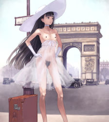 Rule 34 | 1girl, arc de triomphe, breastless clothes, car, choker, dark nipples, day, dress, female pubic hair, flat chest, gloves, hairy, hands on own hips, hat, huge nipples, karasuma sachiko, long hair, moderate pubic hair, motor vehicle, navel, nipples, no bra, no panties, nude, original, outdoors, pubic hair, public indecency, revealing clothes, see-through, skinny, solo focus, strapless, strapless dress, suitcase, vehicle, very long hair, yuzawa, zenra