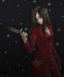 Rule 34 | 1girl, alice: madness returns, alice (alice in wonderland), alice in wonderland, alice liddell (american mcgee&#039;s alice), american mcgee&#039;s alice, american mcgee's alice, black hair, breasts, ceramic man, coat, female focus, gradient background, green eyes, highres, knife, long hair, snow, solo