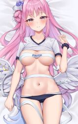 Rule 34 | 1girl, angel wings, ass, bed sheet, blue archive, blush, breasts, buruma, clothes pull, dakimakura (medium), feathered wings, from above, gym uniform, hair bun, halo, large breasts, low wings, lying, matrix16, mika (blue archive), navel, no bra, no panties, on back, pink hair, scrunchie, white wings, wings