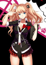 Rule 34 | 10s, 1girl, blue eyes, bow, breasts, choker, cleavage, danganronpa (series), danganronpa: trigger happy havoc, enoshima junko, finger gun, finger gun to head, grin, hair ornament, highres, long hair, necktie, pink hair, sleeves rolled up, smile, solo, spoilers, twintails, vblue
