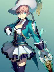 Rule 34 | 1girl, alisha diphda, alisha diphda (hyland royalty), blonde hair, blue background, blue jacket, blue thighhighs, breasts, bustier, choker, cleavage, closed mouth, earrings, gloves, gradient background, green eyes, hair between eyes, hat, highres, holding, holding polearm, holding spear, holding weapon, jacket, jewelry, looking at viewer, medium breasts, miniskirt, official alternate costume, open clothes, open jacket, pleated skirt, polearm, ribbon, short hair, skirt, solo, spear, standing, tales of (series), tales of zestiria, thighhighs, ubo (ubo tales), weapon, white choker, white gloves, white hat, white skirt, yellow ribbon, zettai ryouiki