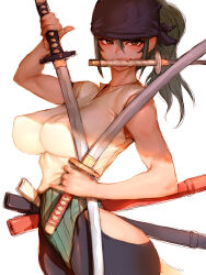 Rule 34 | 1girl, alternate hair length, alternate hairstyle, black pants, covered erect nipples, dual persona, durag, fumio (rsqkr), genderswap, genderswap (mtf), green hair, highres, hip vent, holding, holding sword, holding weapon, long hair, mouth hold, one piece, pants, ponytail, roronoa zoro, sheath, shirt, sword, triple wielding, weapon, white shirt, wide hips