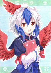 Rule 34 | 1girl, ahoge, animal ears, blue hair, book, hugging book, clover, colored pencil (medium), four-leaf clover, head wings, heart, holding, holding book, horns, hugging object, kittona, long sleeves, millipen (medium), multicolored hair, open mouth, red eyes, short hair, silver hair, smile, solo, tokiko (touhou), touhou, traditional media, two-tone hair, watercolor pencil (medium), wings