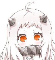 Rule 34 | 10s, 1girl, :&gt;, abyssal ship, ahoge, artist name, collar, colored skin, horns, kantai collection, northern ocean princess, orange eyes, ra-yu, signature, smile, solo, spiked collar, spikes, upper body, white hair, white skin