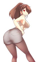 Rule 34 | 1girl, ass, bare shoulders, black pantyhose, breasts, brown hair, commission, fizintine, from behind, hair over one eye, highres, large breasts, long hair, looking at viewer, looking back, open mouth, original, pantyhose, pantylines, ponytail, red eyes, shorts, solo, standing