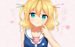 Rule 34 | 1girl, :q, azur lane, bare arms, bare shoulders, blonde hair, blue eyes, blush, breasts, closed mouth, commentary request, gridley (azur lane), hair between eyes, hair ornament, head tilt, heart, highres, sailor collar, school uniform, serafuku, shirt, sleeveless, sleeveless shirt, small breasts, smile, solo, star (symbol), tongue, tongue out, translation request, two side up, upper body, white neckwear, white sailor collar, yuujoduelist